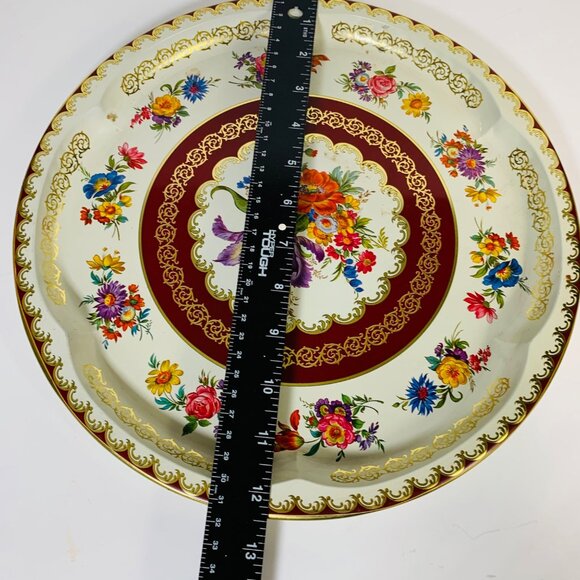 Victorian Style Metal Tray 12" Round Decorative Floral Platter Farmers Market - Picture 10 of 10